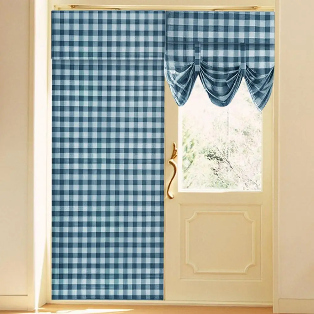 Soft Vision Door Panel Adjustable Height Plaid Pattern Door Curtain Washable Non-fading Privacy Window with Simple Installation