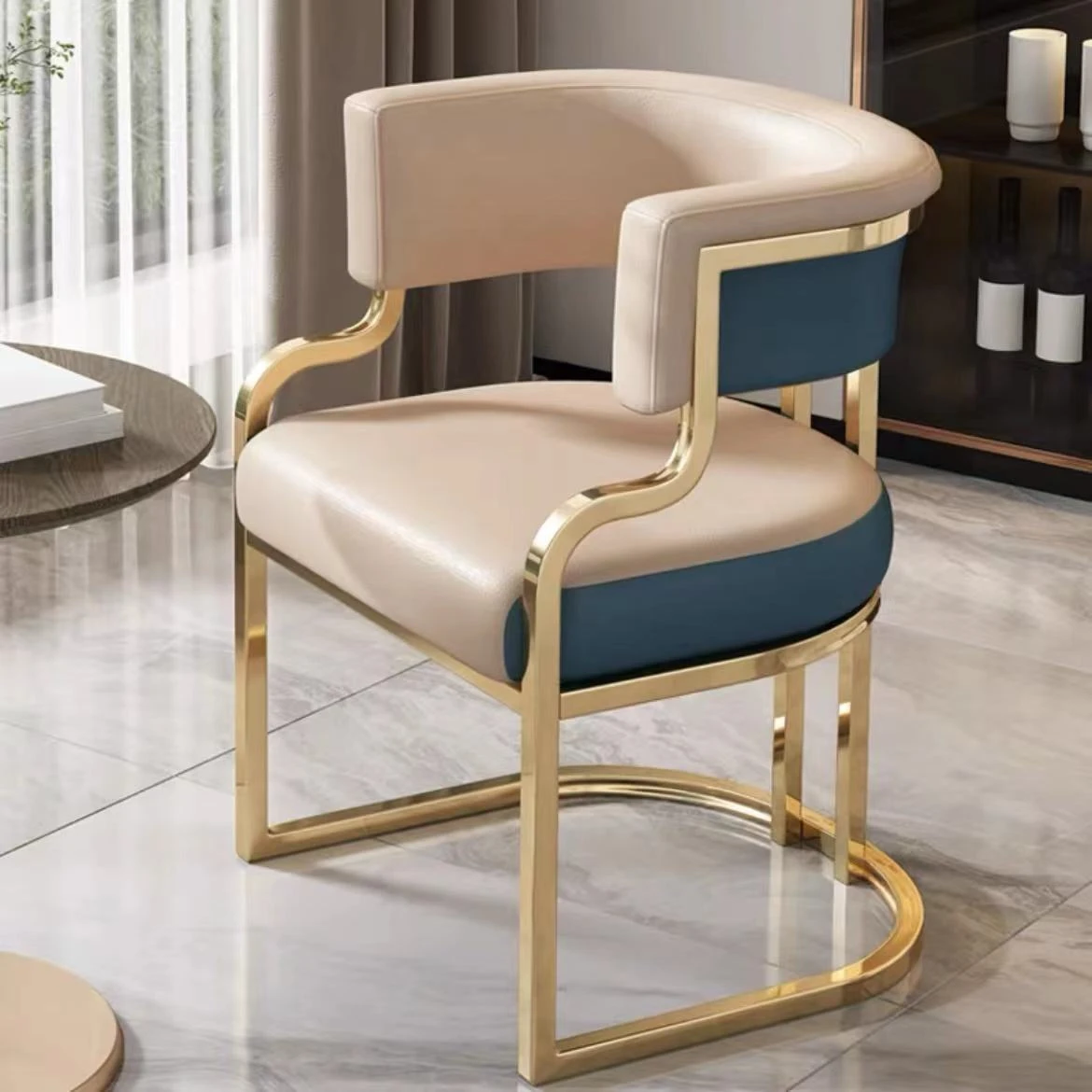 #Leg Waterproof Microfiber Leather Durable Restaurant Hotel Dining Chair Gold Gilt Metal Modern Simple Light Luxury Saber Leg