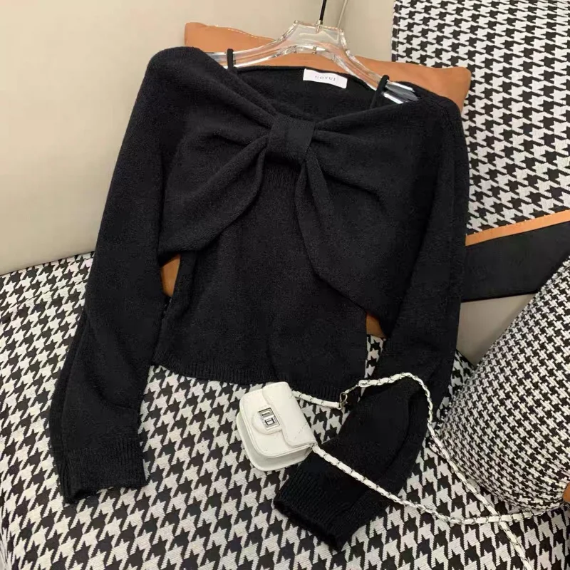 Sweet Bow Long Sleeve Sweater Women + Slim Fit Simple Knitted Tank Tops Women Autumn Winter 2024 New Korean Chic Two Piece Set