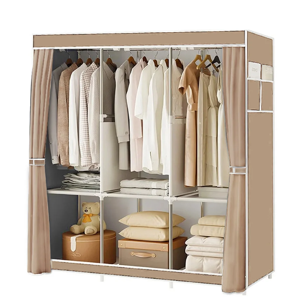 

Портативный шкаф-гардероб 51 дюйм с трубами толщиной 16 мм, органайзер для хранения с чехлом из нетканого материала, 3 штанги для одежды, для спальни