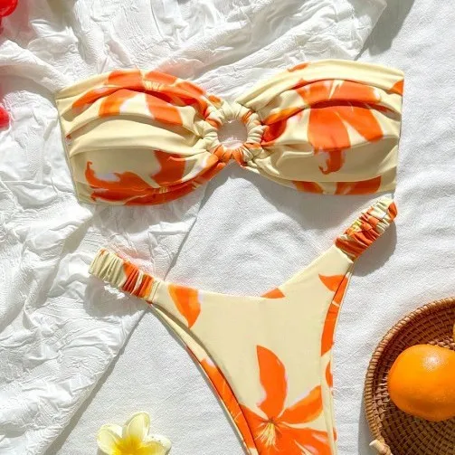 

Sexy Ruched Bandeau Bikini Push Up 2 Piece Swimsuit Ring Linked Swimwear Women Bikinis Bathing Suit Beach Wear Biquini Femme