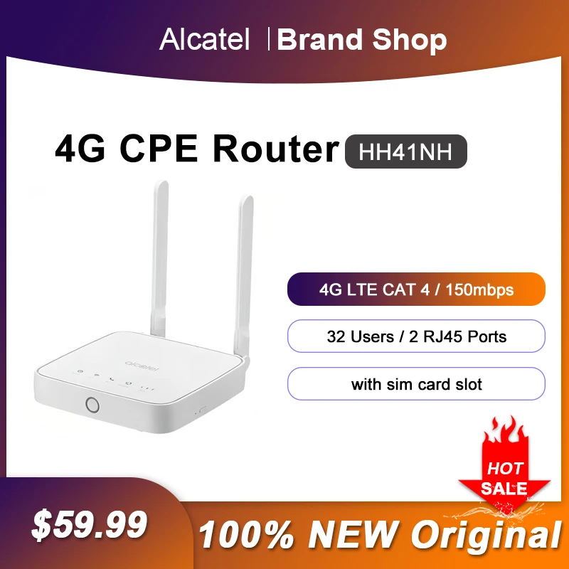 

Разблокированный роутер Alcatel HH41NH 4G LTE Карманный 150 Мбит/с Wi-Fi ретранслятор с двумя портами RJ45 Ethernet слот для Sim-карты усилитель сигнала