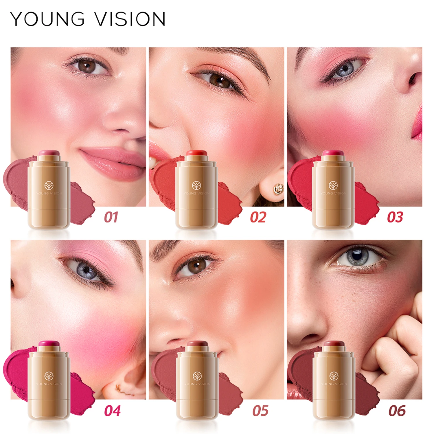 YOUNG VISION 6-color matte finish natural-looking blush stick waterproof lip and cheek dual-use creamy texture blush blusher