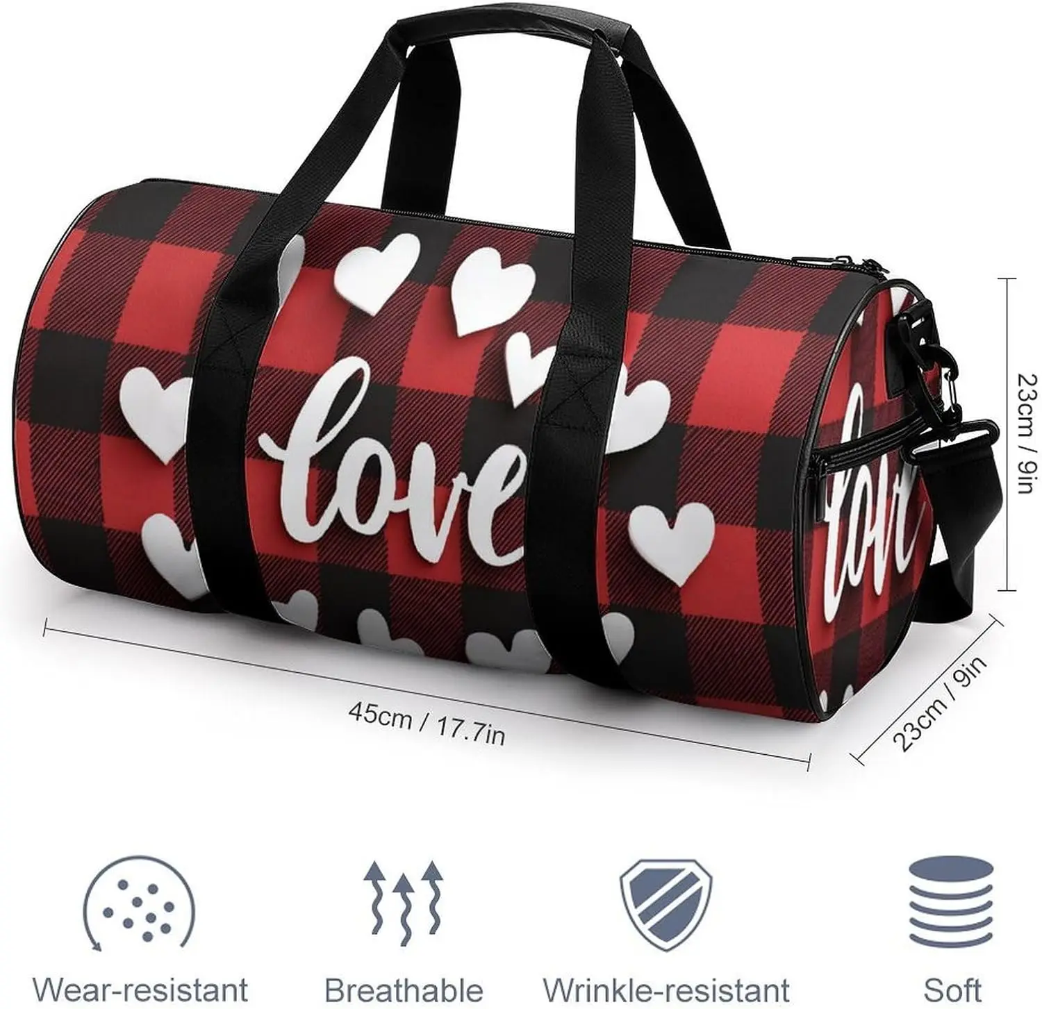 Valentine's Day Heart Love on Red Black Checkered Pattern Travel Gym Bag for Women Men Cylindrical Duffle Bag Sport