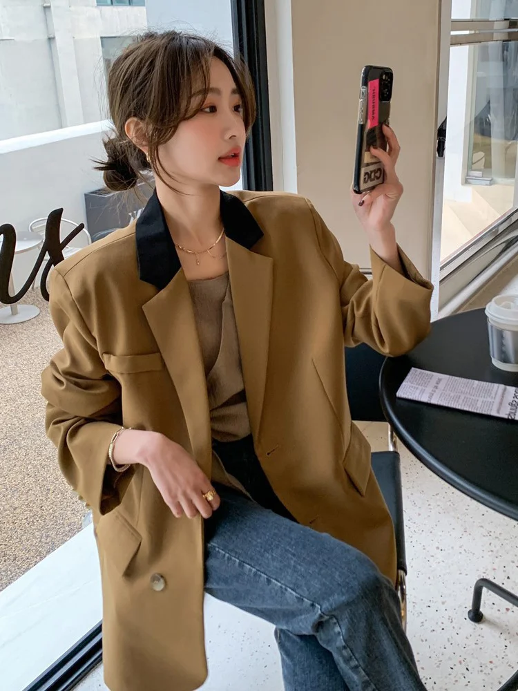 

Korea Ladies Clothing Color Block Blazer Notched Irregular Loose Women Coat 2022 Autumn Simple Office Lady Jacket H134