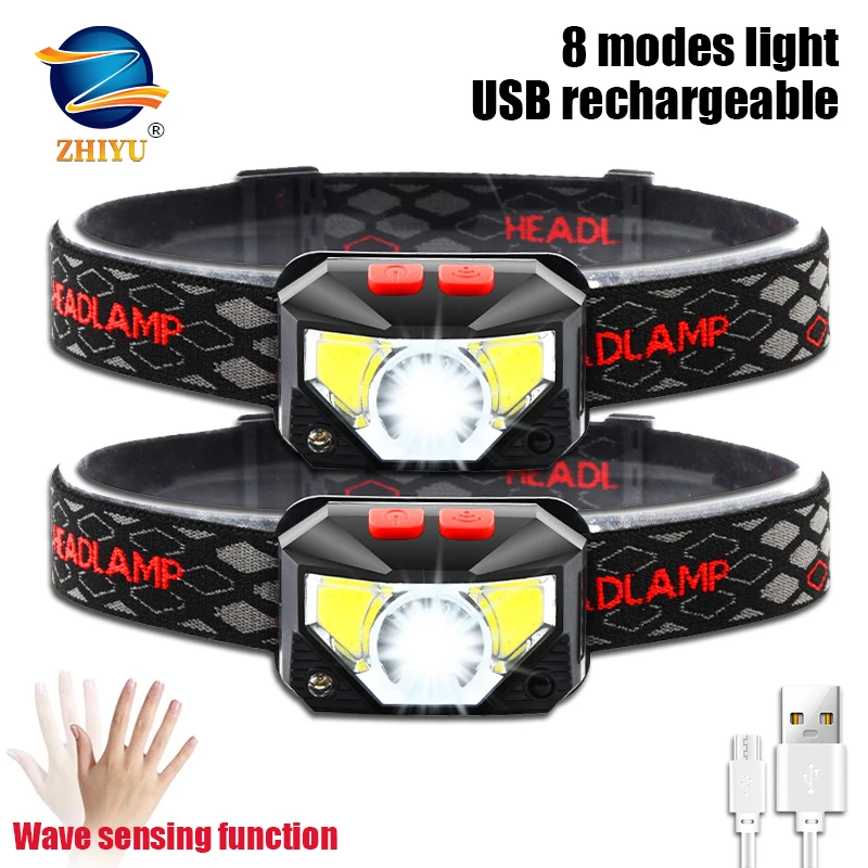 

Mini XPE+COB Sensor Headlamp USB Rechargeable LED Headlight 8 Modes Light Built in 1200mah Battery Head Flashlight Fishing Torch