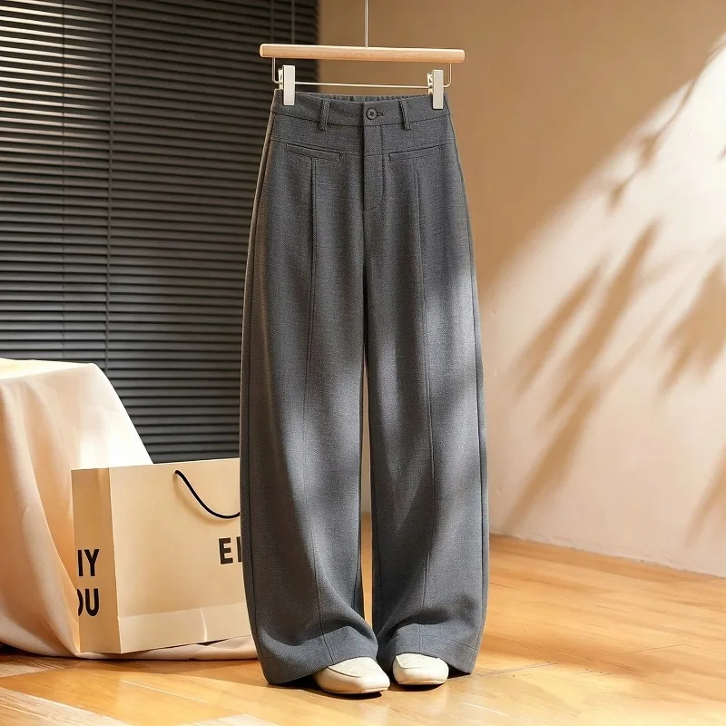 High-end Gray Suit Straight-leg Pants Women's 2026 Autumn Commuter Office High-waisted Casual Trousers Lady Loose Wide-leg Pants