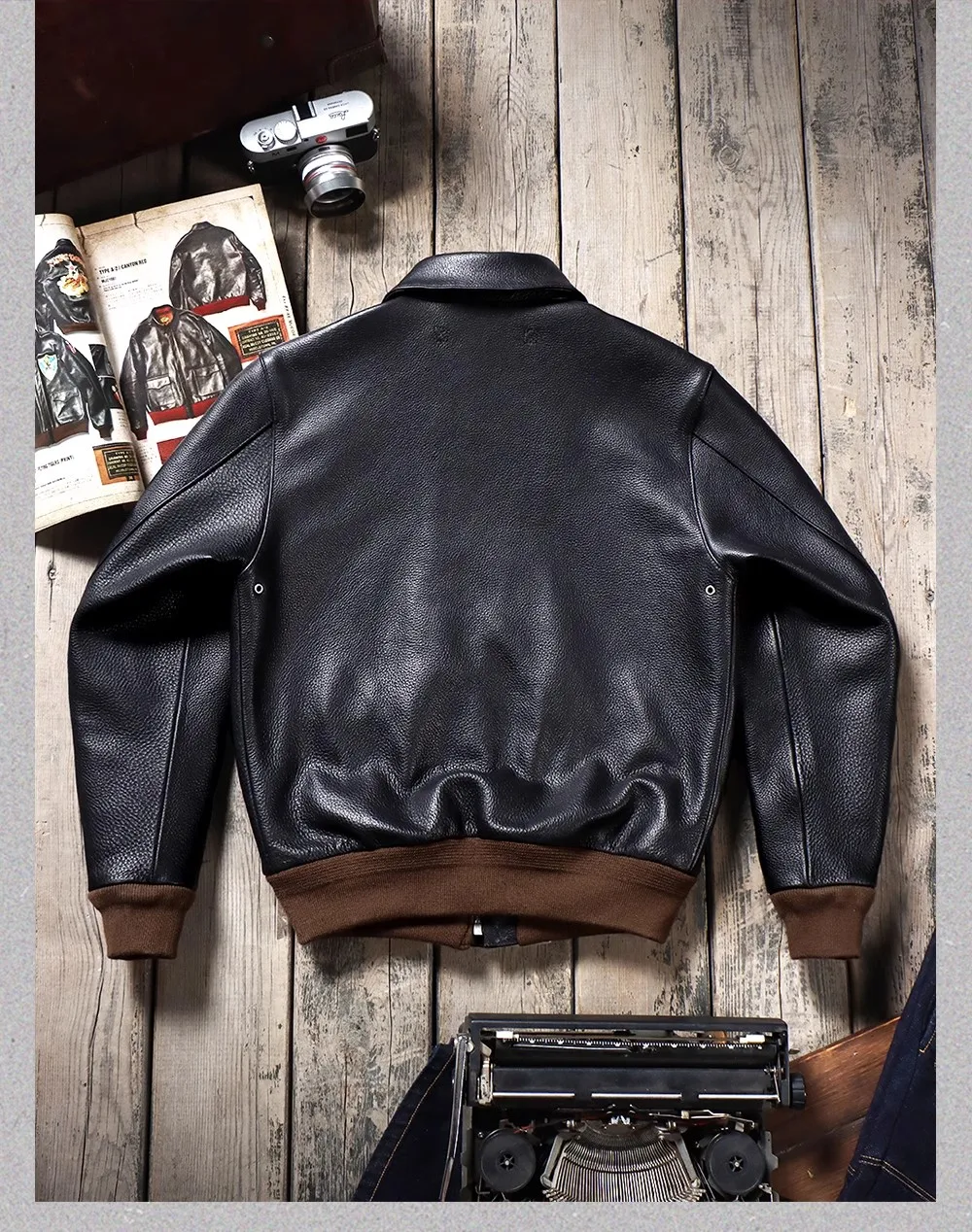 CC Shop Best. A-2 1.4mm American full grain cowhide jacket.Fashion quality A2 black leather coat.Luxury slim fit lather cloth.