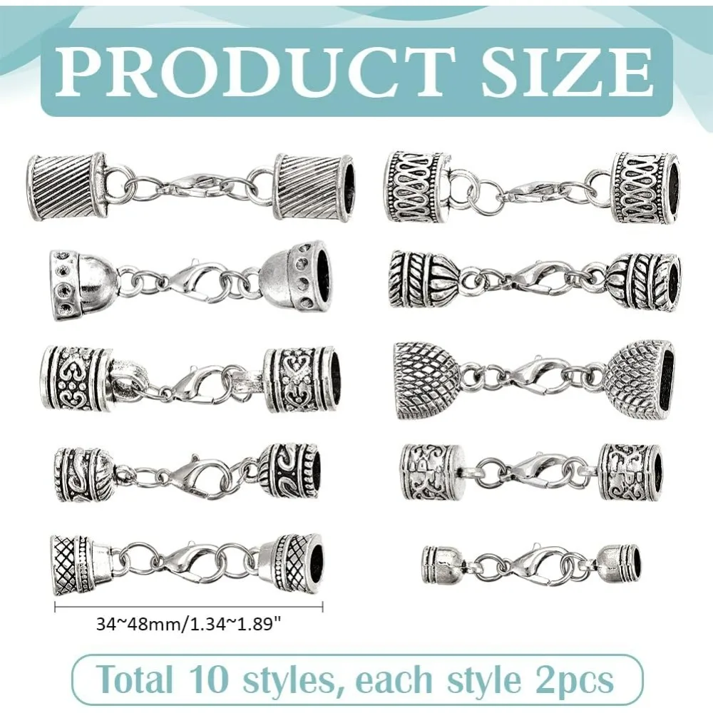 20pcs 10Styles Alloy Cord End Caps with Lobster Clasp Leather Jewelry Clasps Necklace End Caps End Tip with Loop Ring making kit