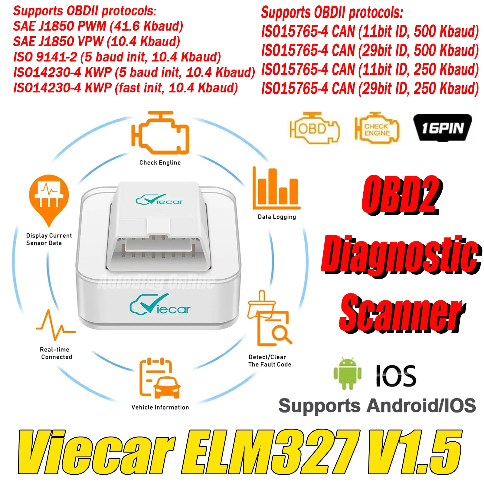 

Viecar OBD2 Car Diagnostic Scanner Bluetooth 4.0 PIC18F25K80 Code Reader OBD2 Auto Diagnostic Scan for Android/IOS ELM327 V1.5