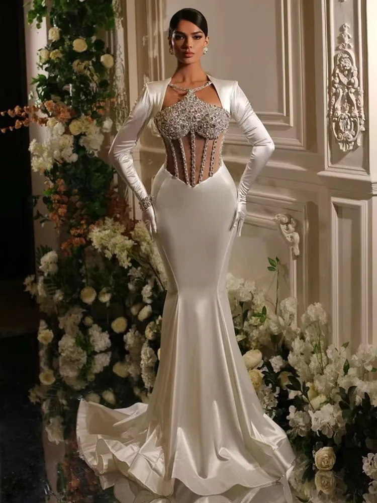 Women Luxury Sexy Long Sleeve Sequins Beading White Maxi Long Gloves Bodycon Gowns Dress Elegant Evening Party Club Dress