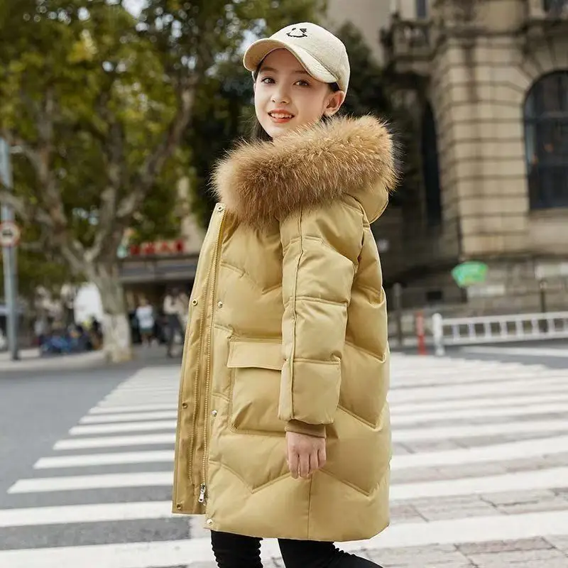 

Children's Down Jacket Winter 2025 New Mid to Long Size Girls Fur Collar Thickened Hooded Warm Winter Coat Trendy 120-170CM