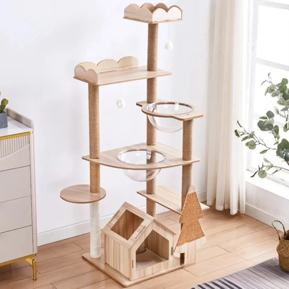 Solid Wood Cat Nest Tree Tower Apartment Scratching Post Cat Scratching Platform Large Climbing Tree Cat Toy Tower Pet Products