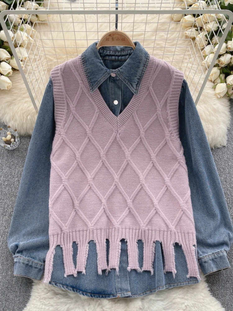 Women Casual Elegant Street Party Style Two-piece Set Autumn New Tassel Knitted Vest Single Breasted Loose Denim Shirt for Women