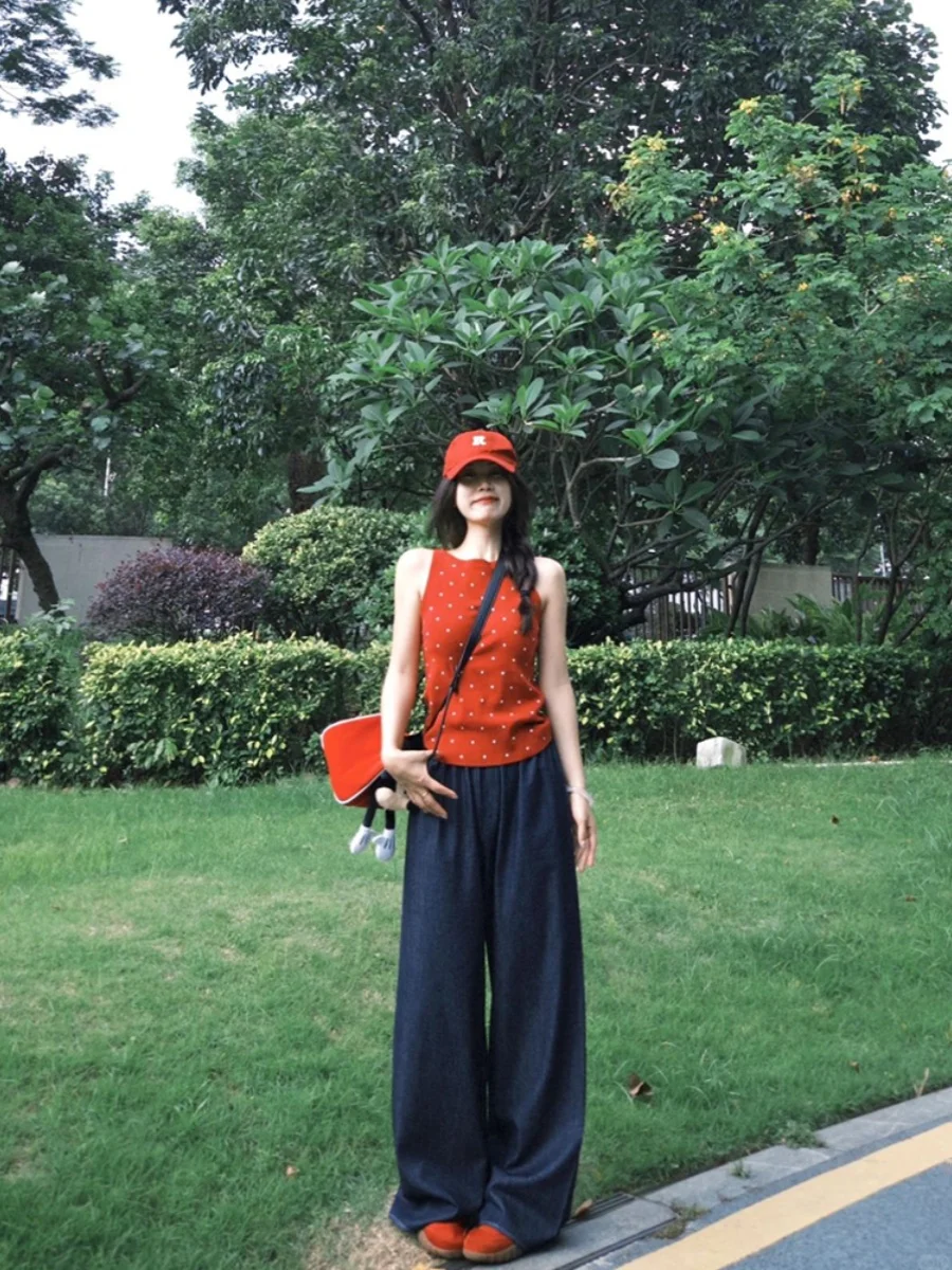 

Retro Hong Kong Sle Red Polka Dot Knitted Vest Women's Svel round Ne Ice Silk Outerwear Summer Ele Faion