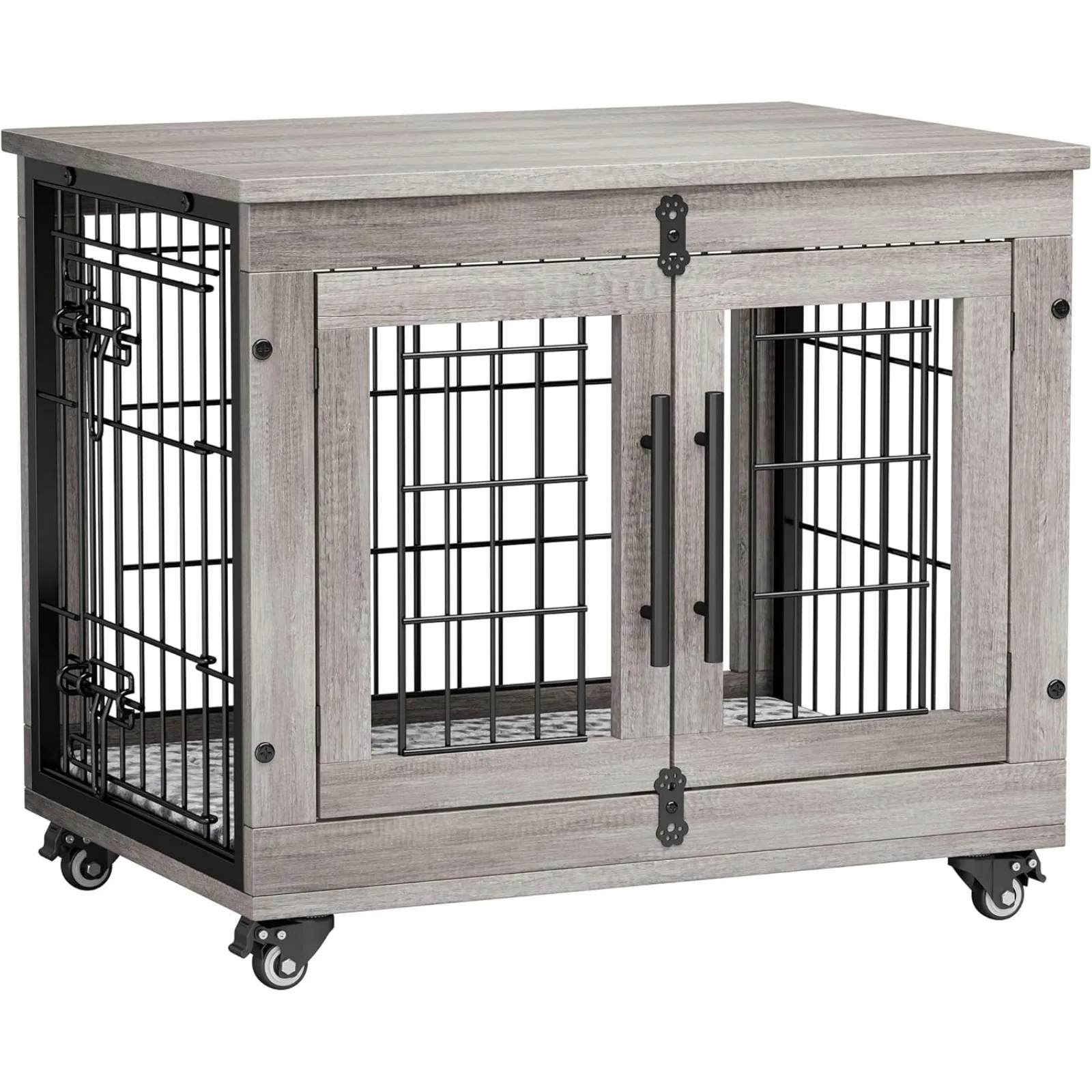 

US Dog Crate Furniture, Kennel Indoor Double Doors Wooden Cage, 38'' Heavy Duty Crate with Cushion & Wheels