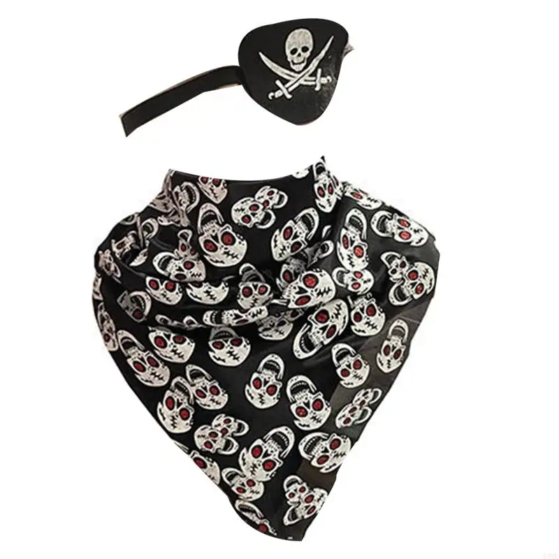 49MF Skull for Head Scarf Eye Mask Square Designer Bandana Scarf Mask Like Silk Hair Scarf Halloween Pirate Cosplay Cos