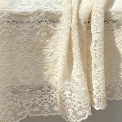 Ivory Beige Embroidered Mesh Tulle Lace Fabric With Tiny Daisy Flowers And Stripes for Apparel Sewing Fabric Curtain Decorative