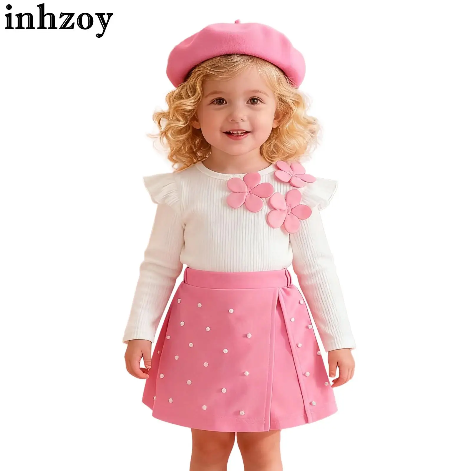 

Baby Girls Sweet Cute Outfit Long Sleeve Ribbed Top with Elastic Waistband Skirt Beret for Christmas Birthday Party Wedding
