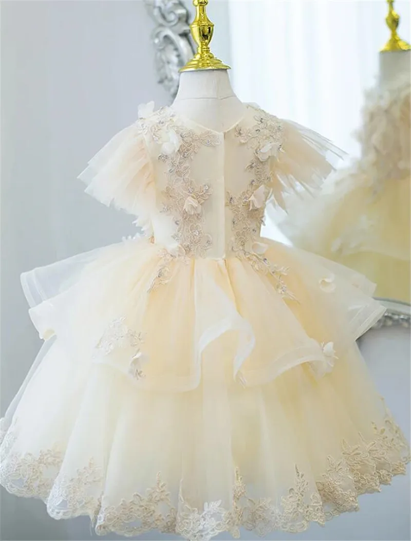 High Quality Beige Flower Girl Dress Applique Tulle Christmas Party Gown Special Ceremony Vestido Birthday Dress