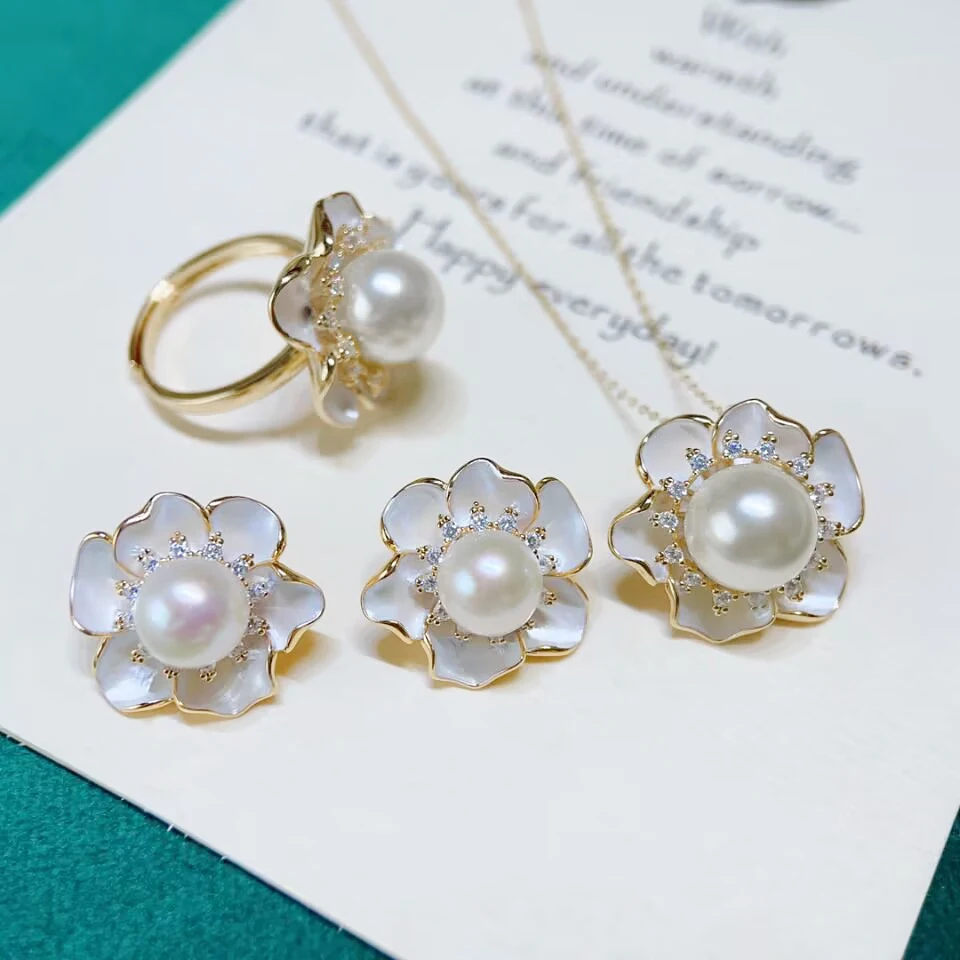 

MeiBaPJ 10-11mm Natural Semiround Pearls Flower Jewelry Set 925 Silver Pendant Ring Earrings Fine Wedding Jewelry for Women