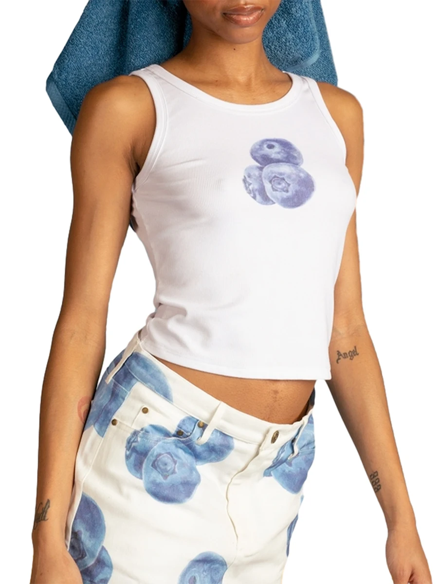 Dames zomer crop tanktops cartoon fruitprint mouwloos vest met ronde hals streetwear