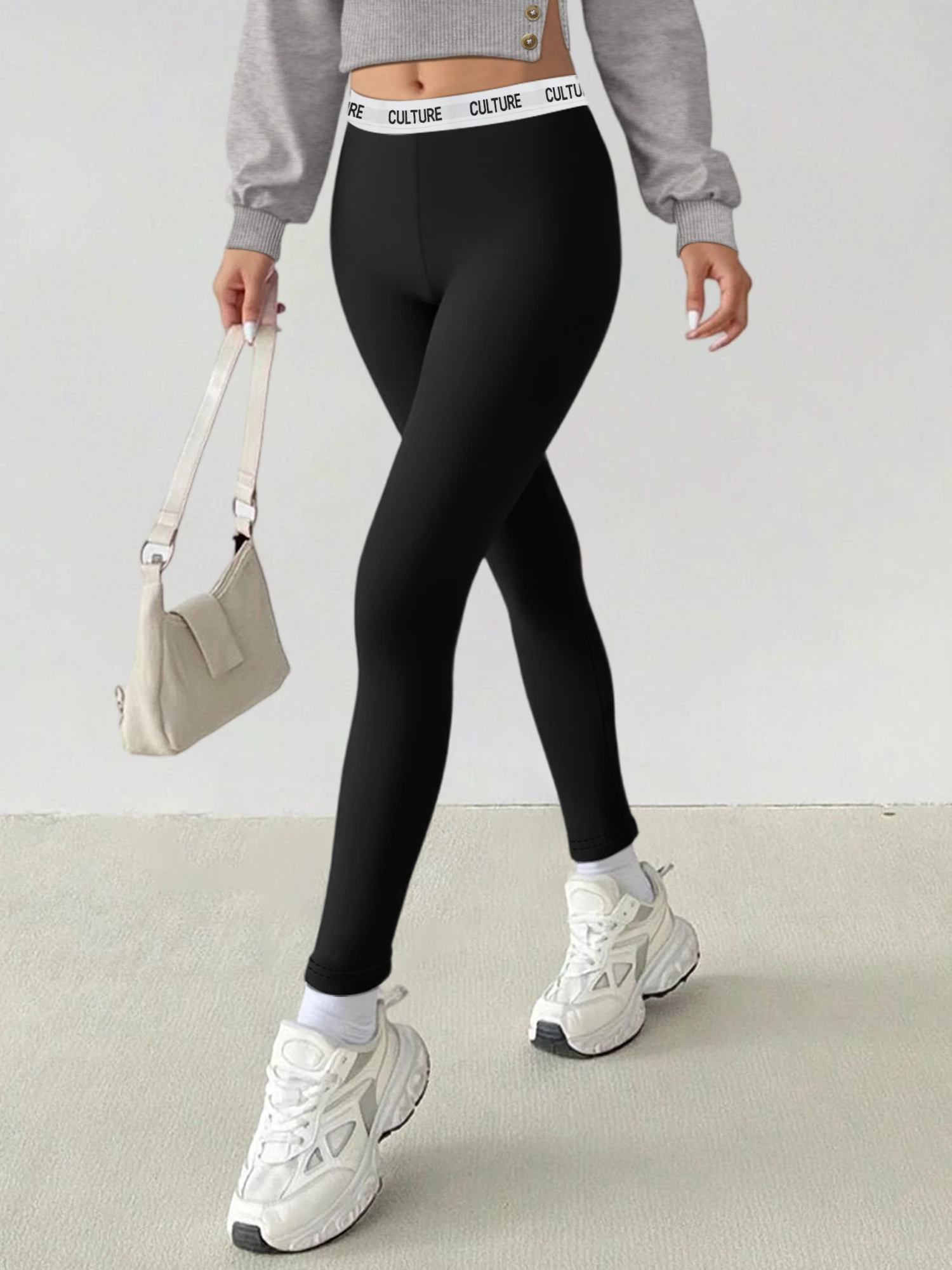 Women High Waist Letter Print Waistband Leggings Soft Stretch Slim Hip‑Shaping Streetwear Daily Casual Skinny Pants For Women