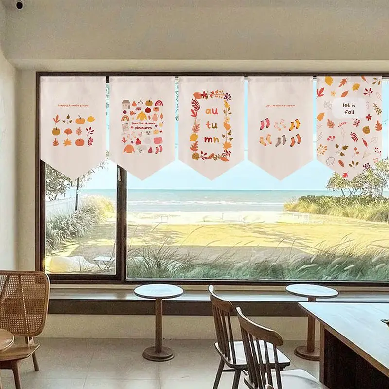 VIKAMA Autumn Maple Pumpkin House Print Triangle Hanging Flag Noren Curtain Kitchen Bistro Partition Banner Window Door Decor