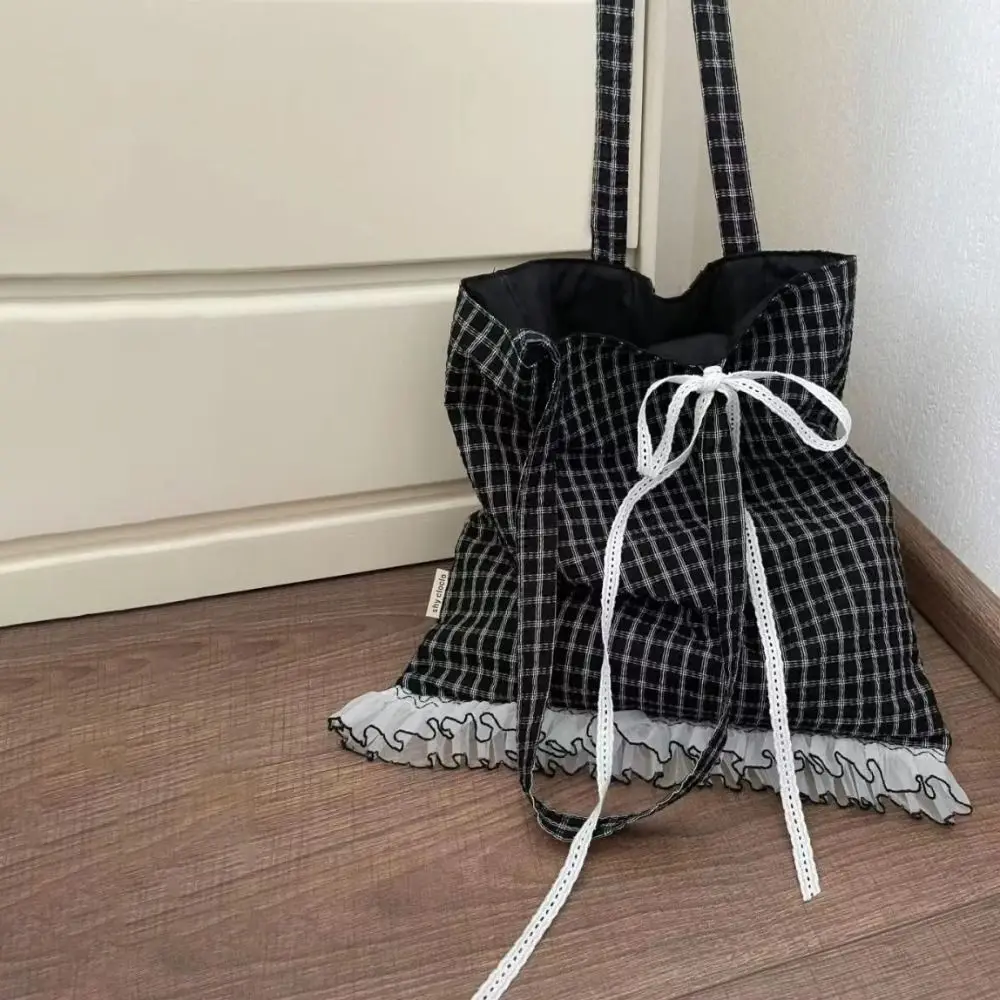 

Solid Color Polka Dot Ruffle Lace Canvas Bag Large Capacity Sweet Bow Shoulder Bag Korean Style Casual Plaid Shoulder Bag Travel