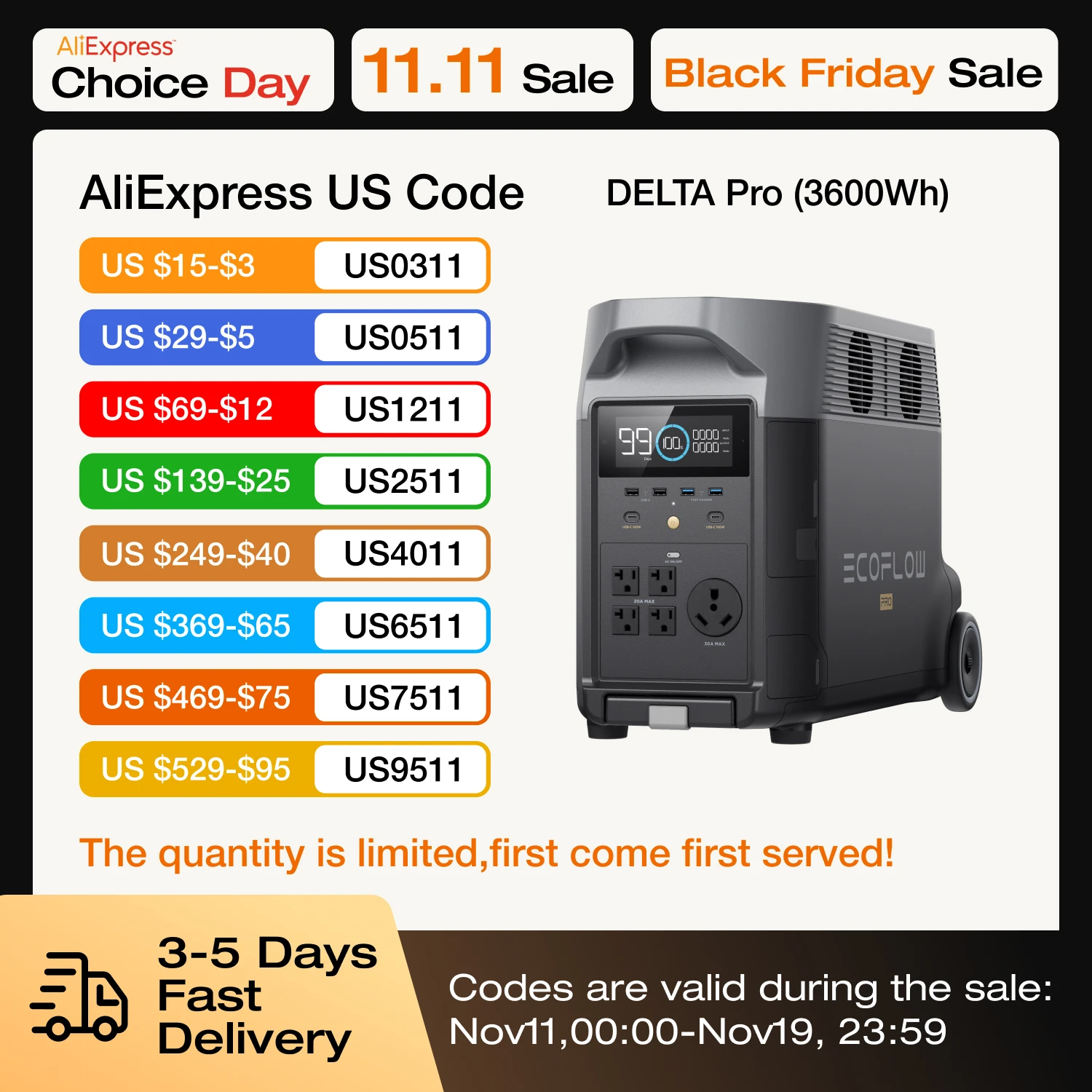 

Портативная электростанция ECOFLOW, 3600Wh DELTA Pro, розетки переменного тока 120 В x 5, 3600 Вт, быстрая зарядка 2,7 ч, электростанция Lifepo4