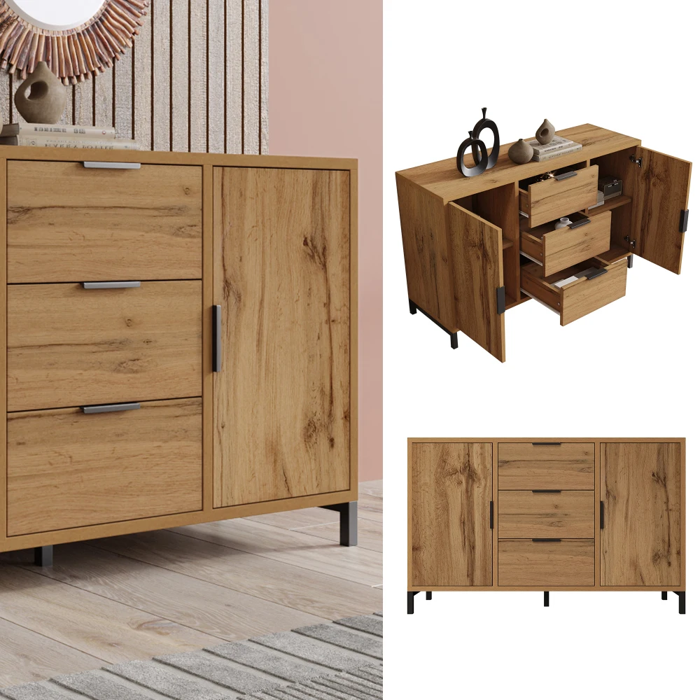 Kommode, Sideboard, hohes Sideboard, 120 x 40 x 76 cm, dunkle Eiche, mit 2 Türen und 3 Schubladen, verstellbares Regal, Holz-Aufbewahrungsschrank für Schlafzimmer, Wohnzimmer, Flur, Möbel für das