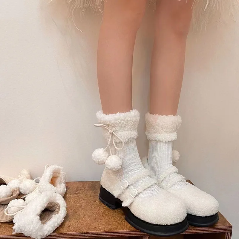 

Women's Socks Autumn Winter Warm Fuzz Soft Wool Socks Korean Lace Wool Balls Cute Sweet Kawaii Versatile Mid Tube Socks For Girl