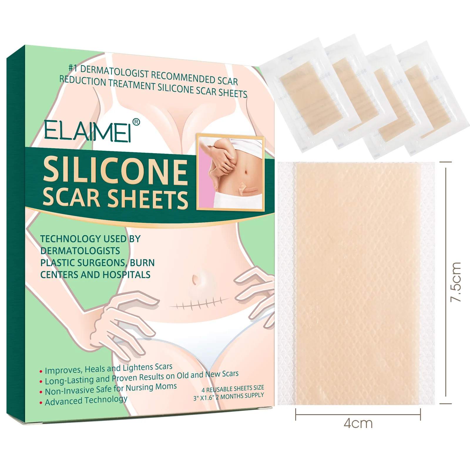 1/2 Box(4patches/Box) Scar Removal Sheet Silicone Scar Tape Sticker Reusable Sheets Removal For Scars Effective For Scars Caused