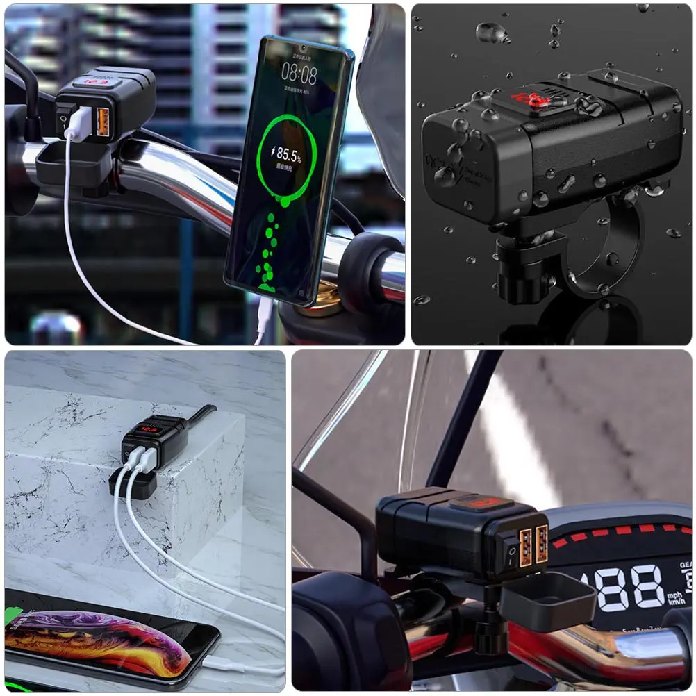1Set Waterproof Motorcycle USB Charger Black ABS Dual Port Phone Fast Charging Outdoor Power Adapter with Digital Voltmeter