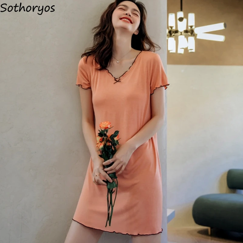 Nightgowns Women Summer Casual Panelled Sleepwear All-match Korean Style Girlish Nightdress Short Sleeve Youths Loose Home Chic