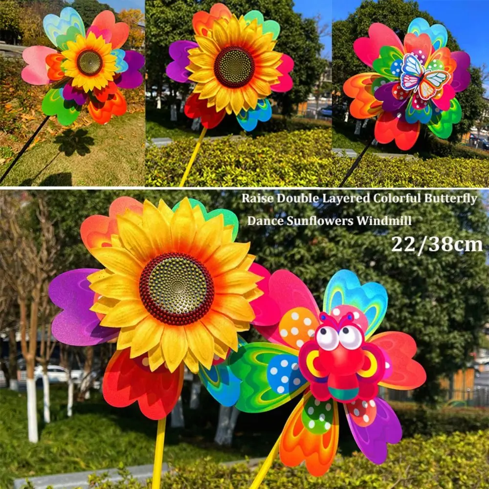 Multistyles Colorful Butterfly Dance Windmill PVC Raise Double Layered Rotating Sunflower Wind Spinner Diameter 22/38cm