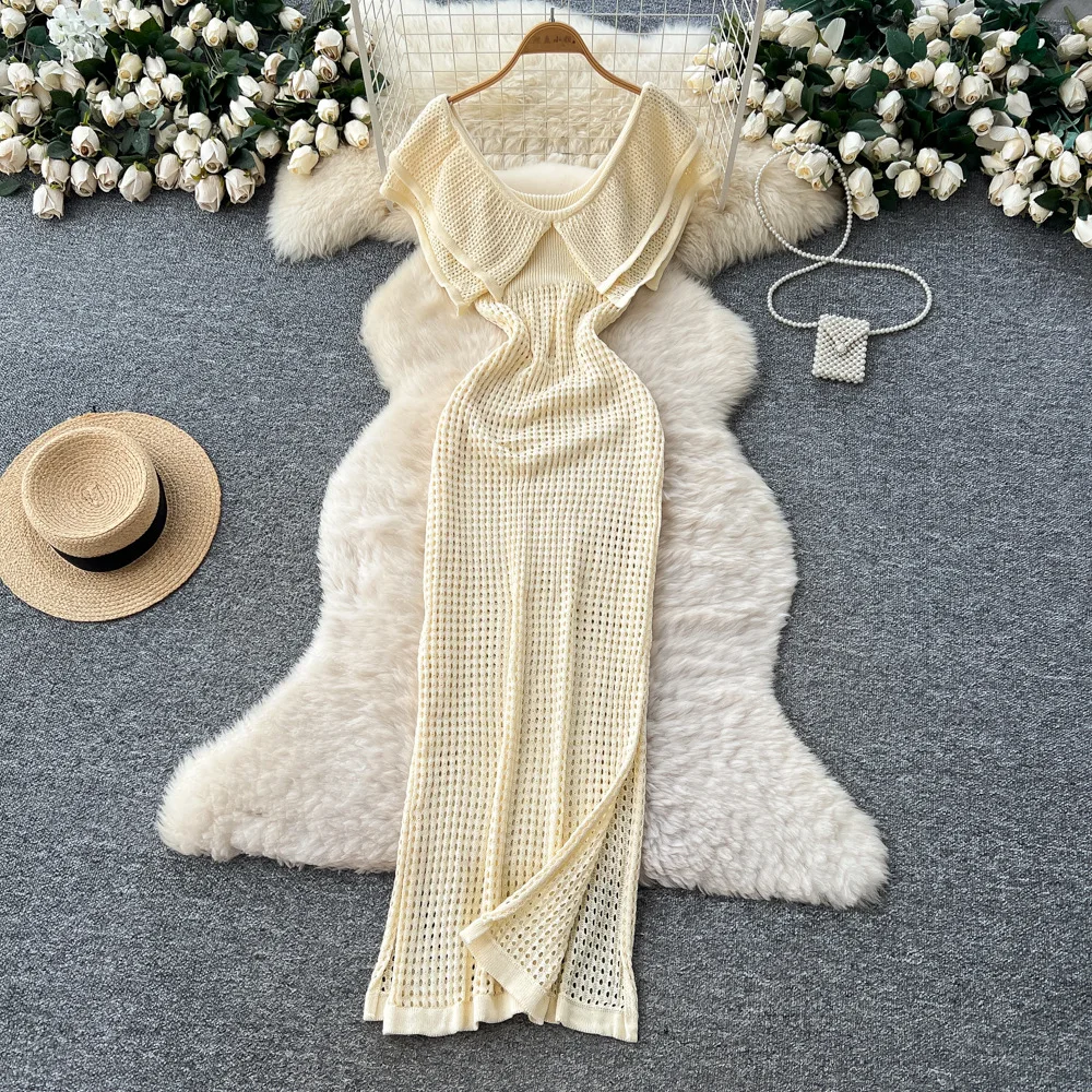 Frauen Ausschnitt Strickkleider Knöchellanges Schlitzkleid Peter Pan Kragen Ärmellose Taille Y2k Streetwear Party Elegant 2025, Herbst