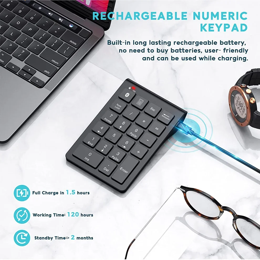 Rechargeable Wireless Numeric Keypad Bluetooth Number Pad Slim 22-Keys External Numpad Keyboard Data Entry