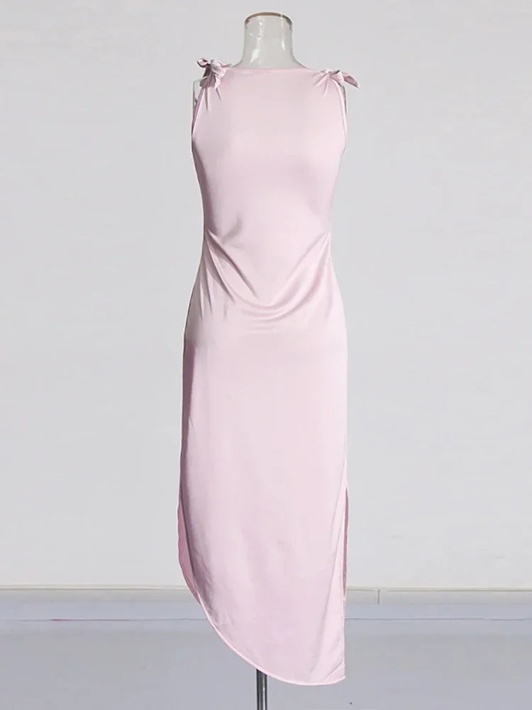 Seksowna sukienka z wyciętymi kwiatami, patchworkowa, długa sukienka damska, różowa, bez rękawów, asymetryczne wycięcia, wąskie sukienki, elegancka wieczorowa impreza koktajlowa