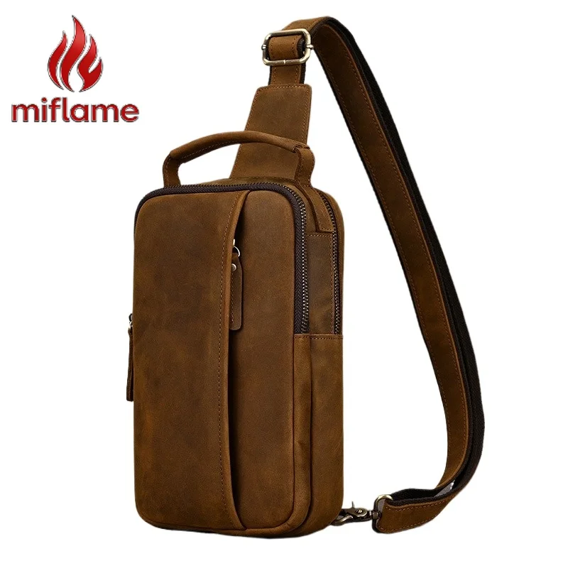 

Men's Chest Bag Crazy Horse Leather Crossbody Bag Retro Sling Shoulder Pack Casual Outdoor Travel