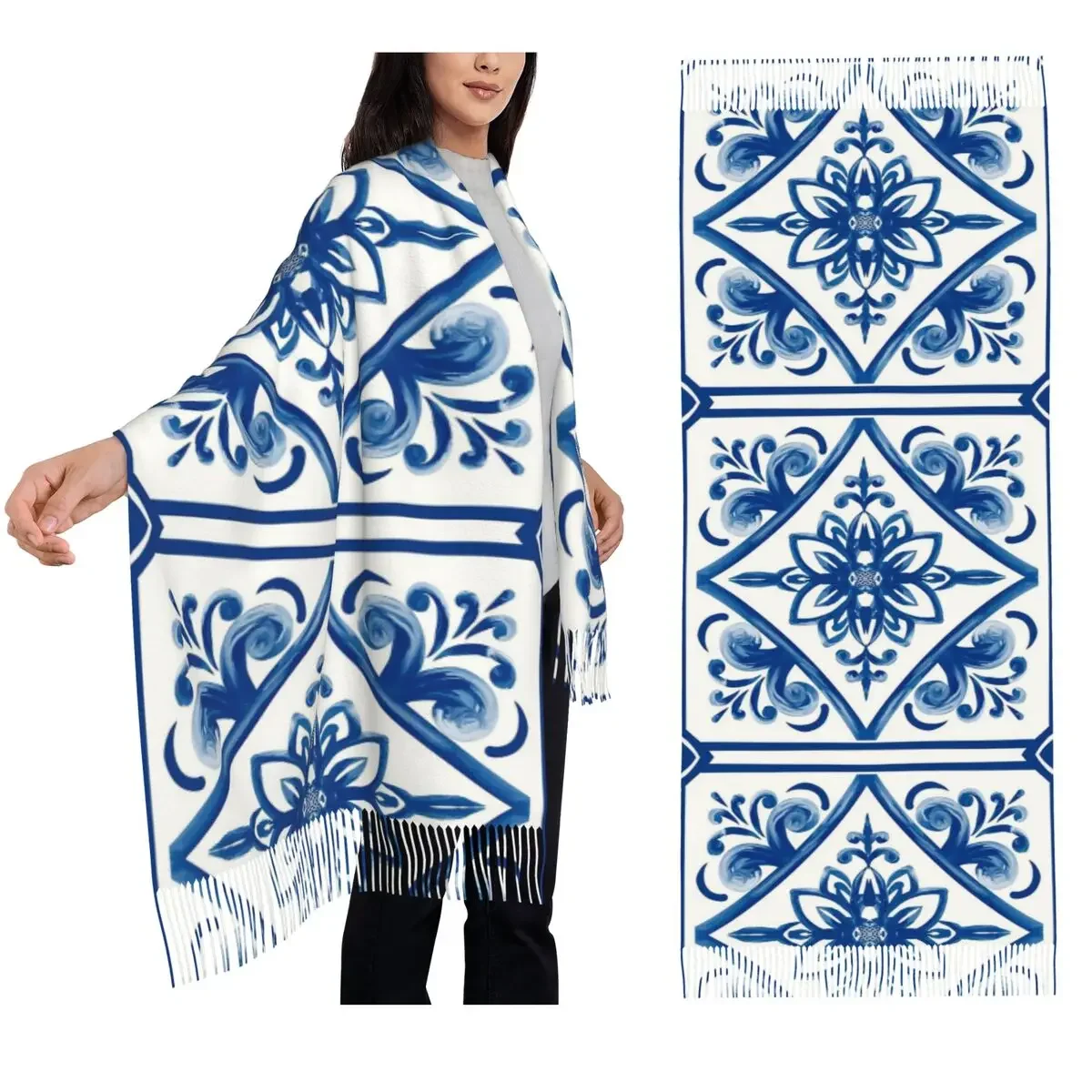 

Sicilian Tiles,mediterranean,mosaic,ornamental Scarf Tassel Scarves for Women Shawls and Wraps Large Fall Winter Shawl Wrap