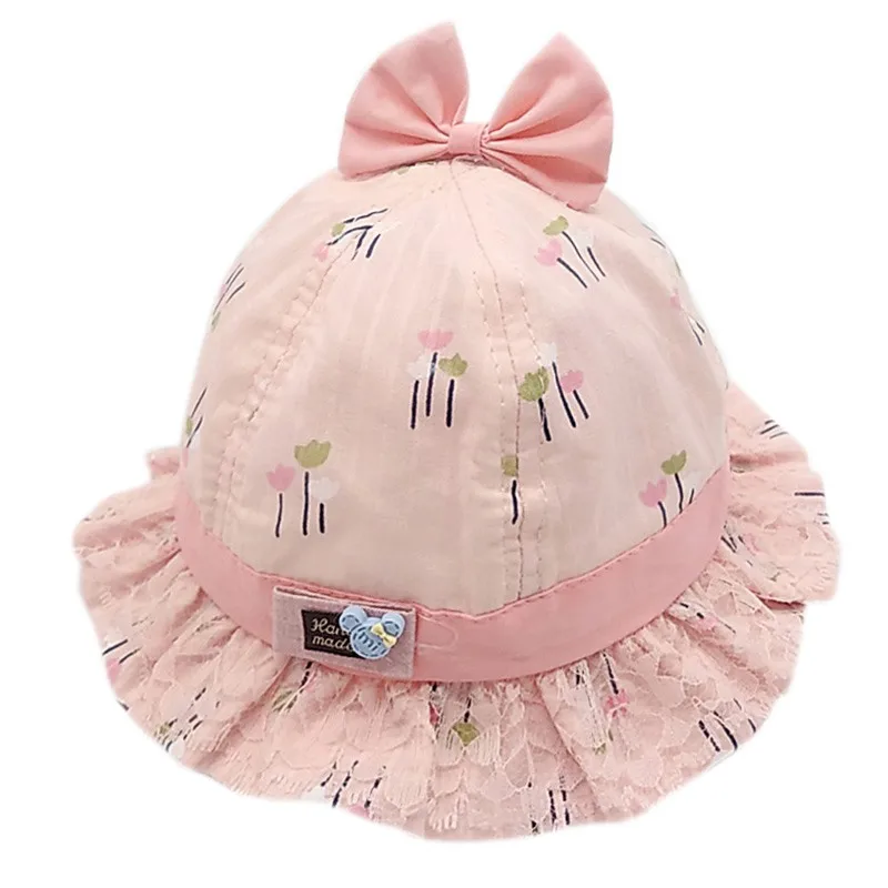 Baby Summer Bucket Hat Lace Bow Floral Print Newborn Cap Cotton Toddler Sun Hats Infant Bucket Cap Accessories