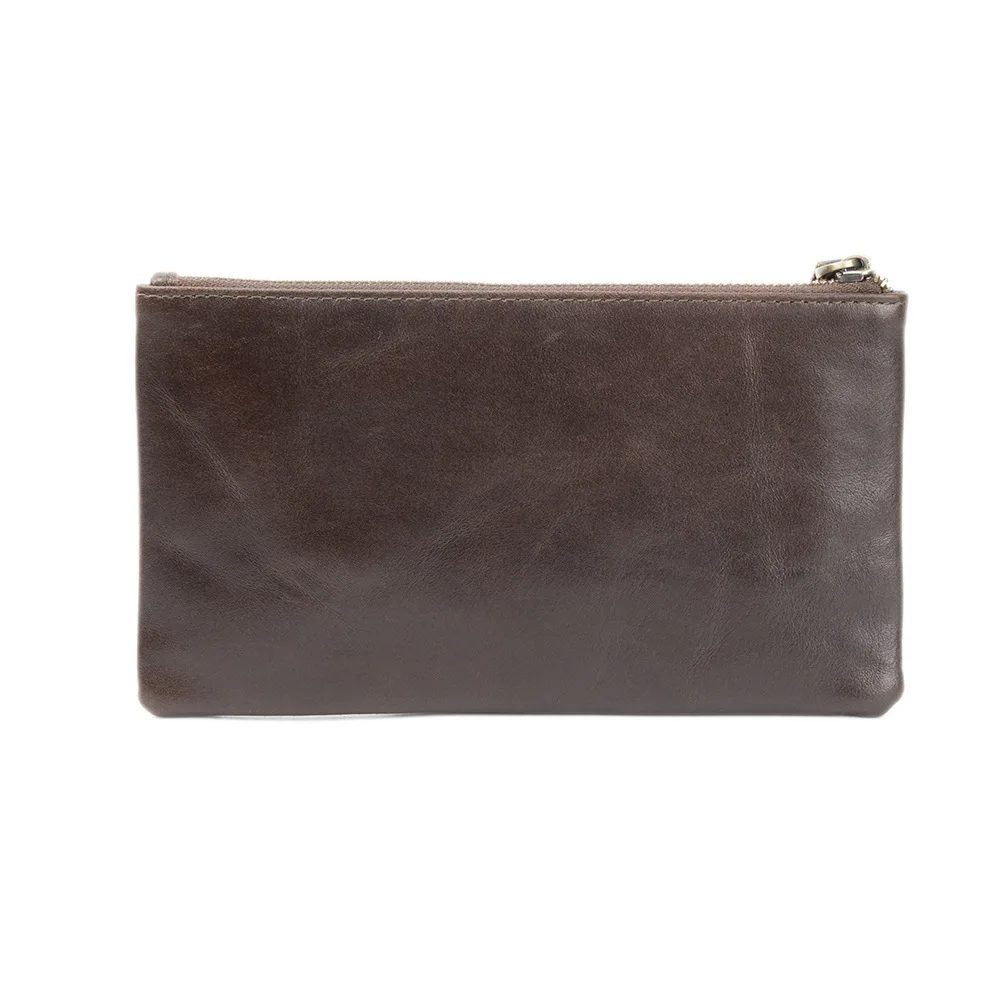 Unisex genuine leather long zipper wallet clutch, thin top layer cowhide oil wax leather retro wallet