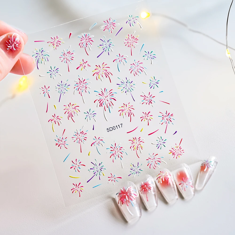 1pc New Year Blooming Fireworks Nail Sticker Colorful Florals Firework Adhesive Sliders Christmas Decals For Nail Decorations