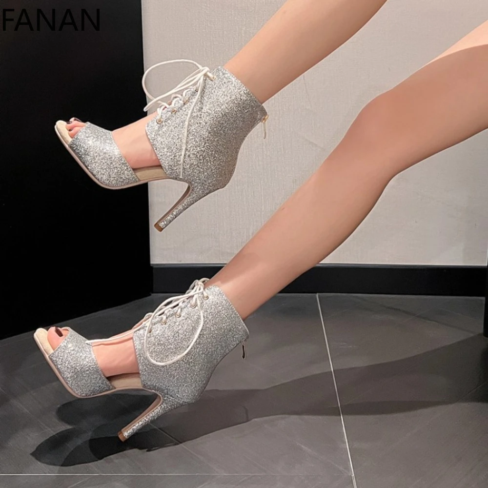 

Women's Sandals Shoes Lace-Up Hollow Short Boots Shiny Silver Fish Mouth High Heels Dance Shoes Jazz Dance Sandals Original