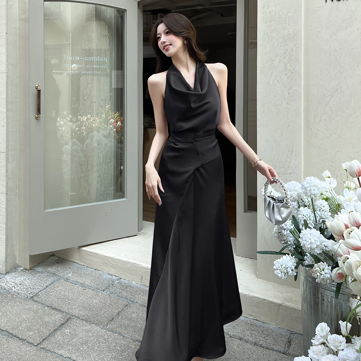 ชุดเดรสยาวผู้หญิงสีม่วงหรูหราคอแกว่งออกแบบวันเกิด Party Club