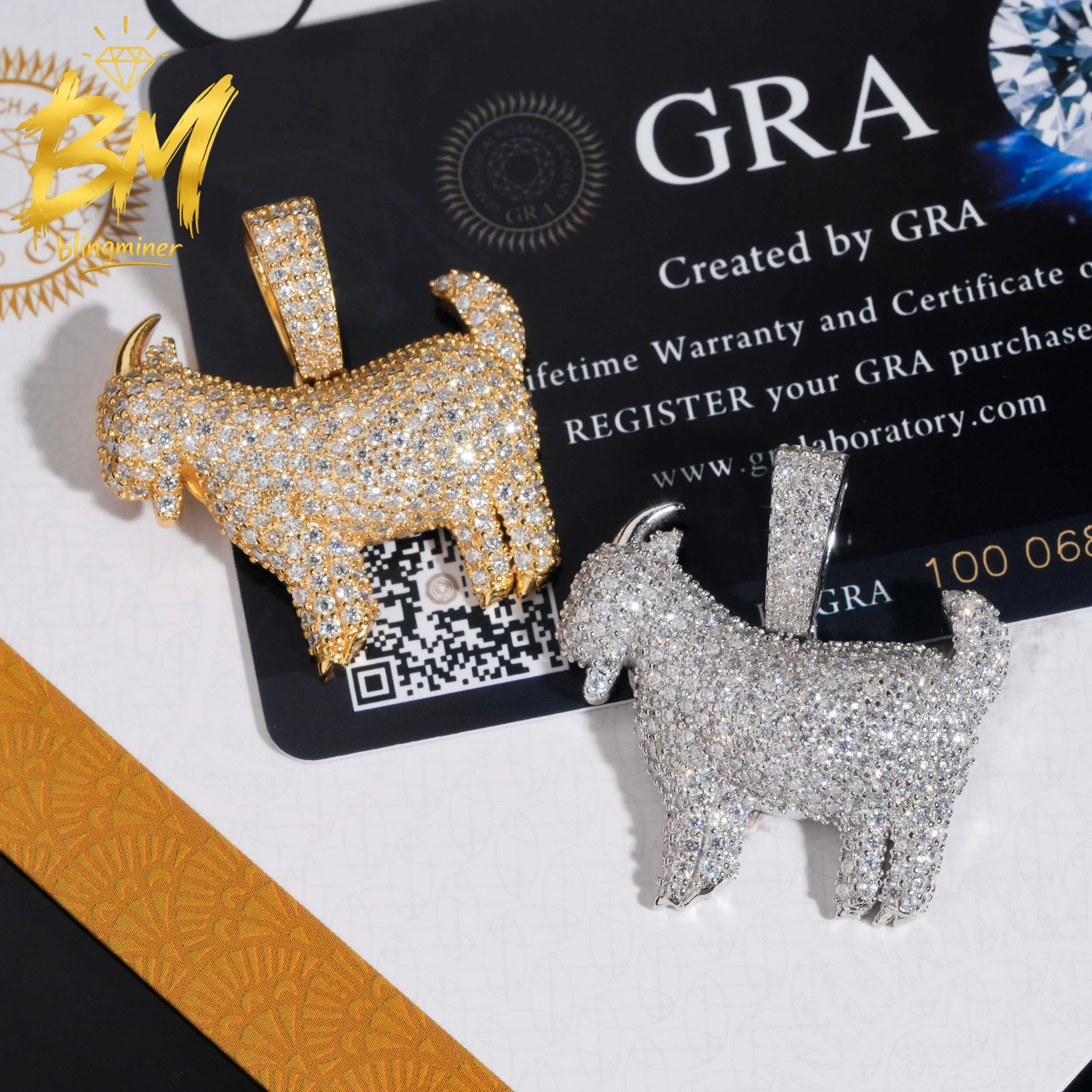 Blingminer Hip Hop Small Goats S925 Silver VVS Moissanite Pendant For Men Women Pendants Jewelry Pass Diamonds Tester GRA