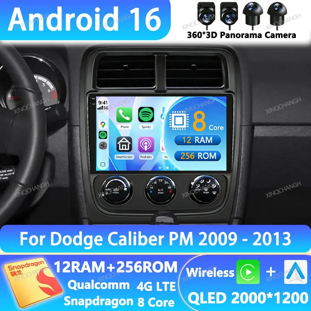 Android 16 Car Radio For Dodge Caliber PM 2009 - 2013 Qualcomm Head Unit Multimedia Video Player Navigation BT QLED GPS 4G WIFI