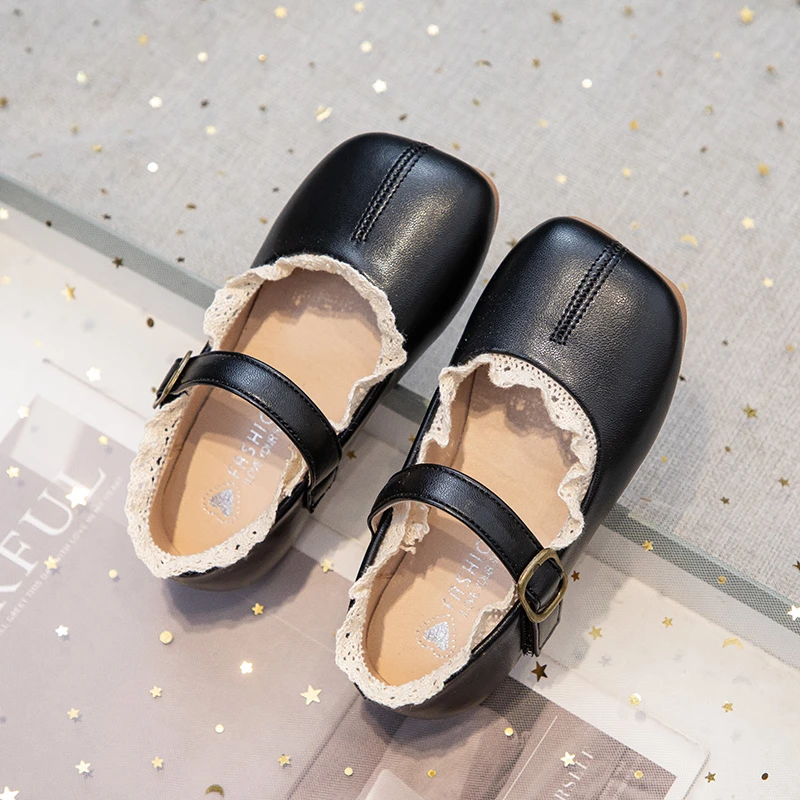 

Girls Black Mary Jane Shoes Lace Trim Soft Sole Buckle Non-Slip Princess Shoes for Toddler Girls School Party Daily Casual Wear