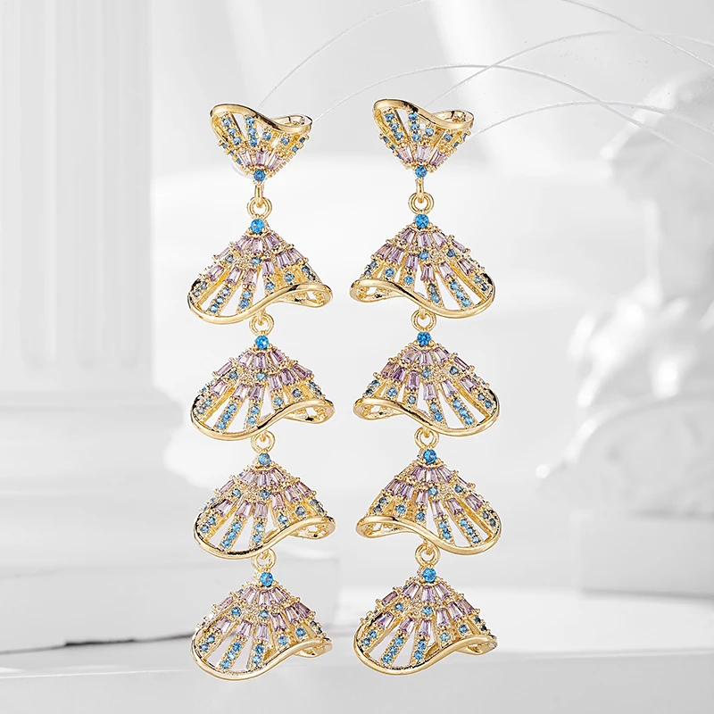 SENYU Luxury CZ Shell Design Long Earring Super Shiny Color Stone Handpave Exquisite Dubai Wedding Jewelry for Bride